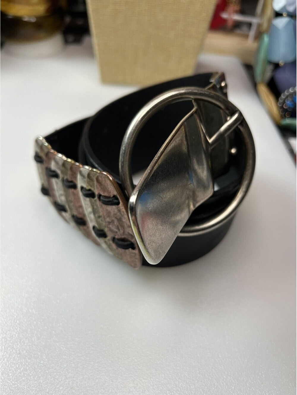 Chicos Wide Leather & Mixed Hammered Metal Statement Belt Med/Large 38”